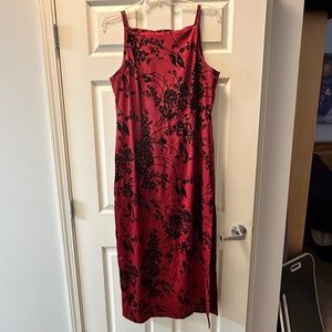 Vintage special occasion/prom dress - red with  black velvet burnished flowers